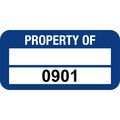 Lustre-Cal PROPERTY OF Label, Polyester Dark Blue 1.50in x 0.75in  1 Blank Pad & Serialized 0901-1000, 100PK 253772Pe2Bd0901